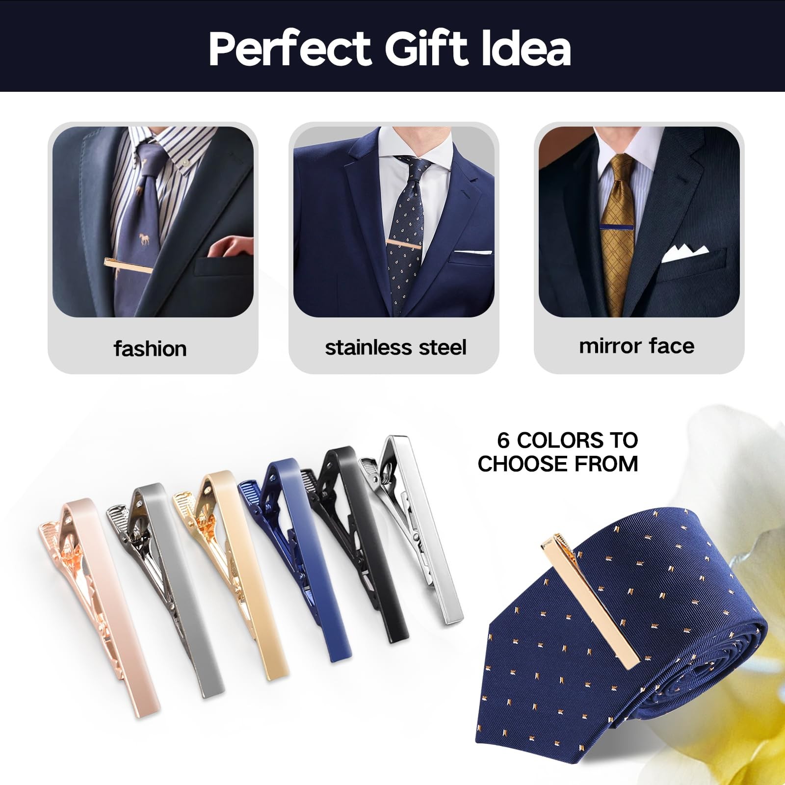 6 Pcs Tie Clips for Men, 6 Classic Colors Upgrade Bar, Non-Slip Clip New