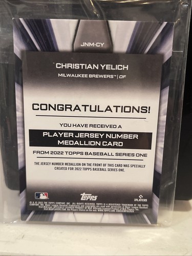 2022 Topps Series 1 - Jersey Number Medallion Relics #JNM-CY Christian Yelich - Picture 3 of 3