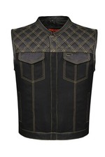 Men's Black Leather Denim Gold Thread Vest Motorcycle Concealed Custom Waistcoat
