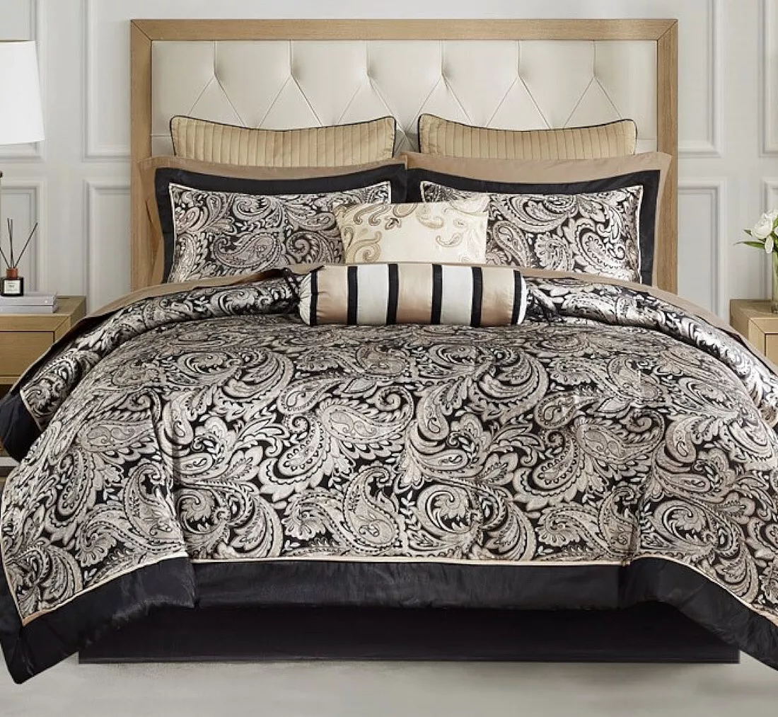 BLACK SILVER 12pc King LUXURY COMFORTER SHEET SET JACQUARD GOLD PAISLEY BIAB