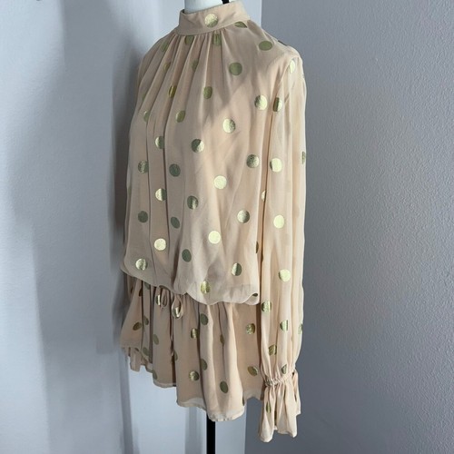 Camila Coelho Women's Small Beige Gold Polka Dot Long Sleeve Sarita Mini Dress - Picture 7 of 13