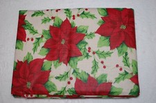 Vinyl Tablecloth BEIGE w/ RED POINSETTIAS  GREEN HOLLY Christmas Winter 52x70"