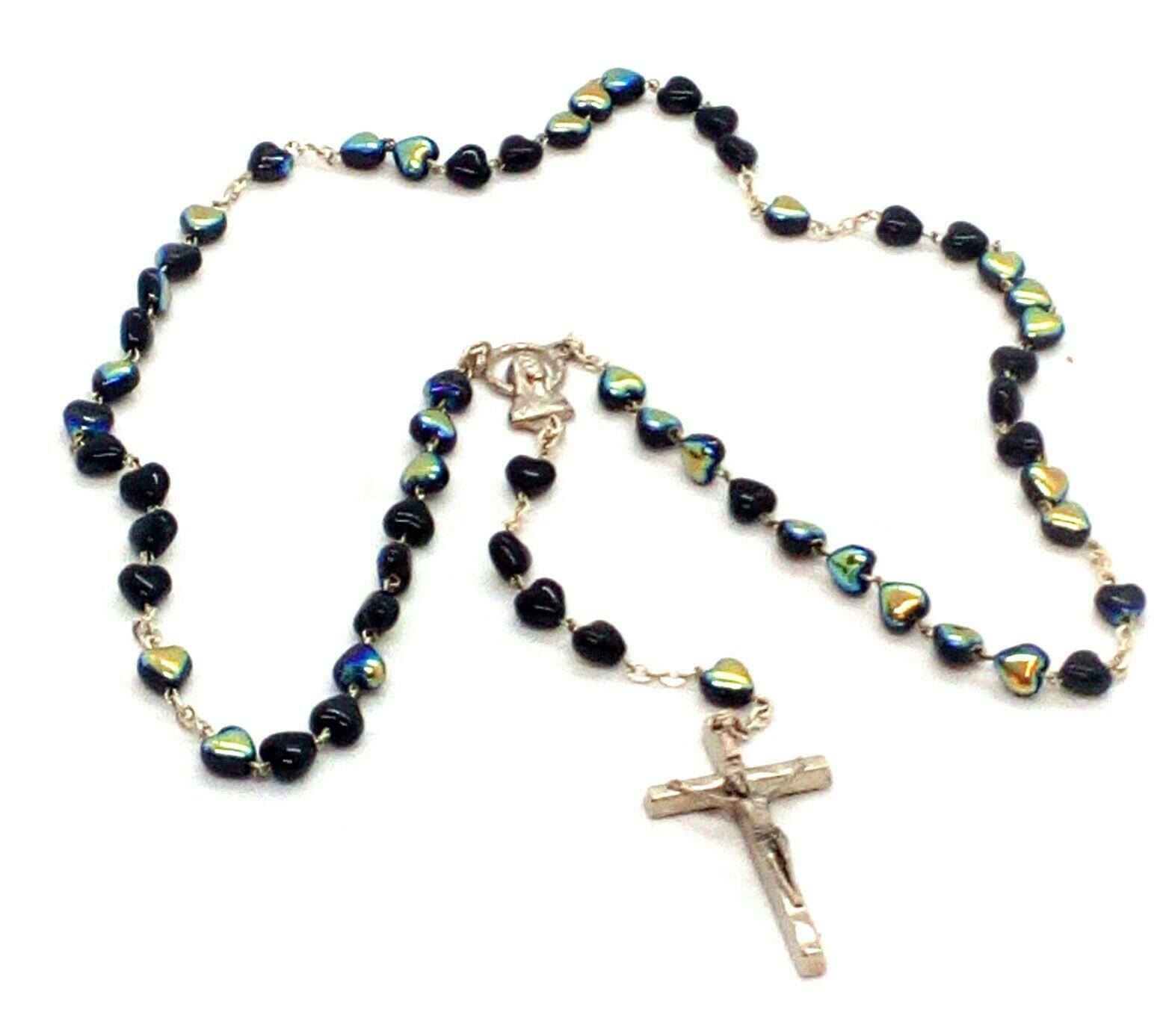 Black Heart-Shaped Rosary Beads, Silver-tone - Made in Italy - Stamped Italy