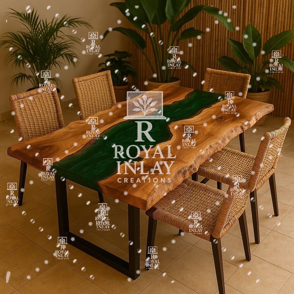 Handcrafted 60x30 Green Epoxy Resin River Dining Table with Natural Live Edge Wood-image