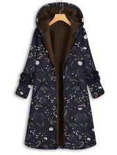 Plus Size Womens Floral Print Fleece Lined Hooded Coat - Soft, Warm, and Cozy Ov