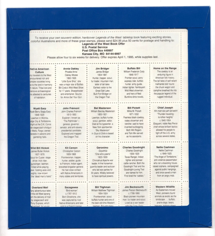 US 1994 RECALLED ERROR SHEET LEGENDS OF THE WEST FULL SHEET SCOTT #2870 MNH - Image 2 of 2