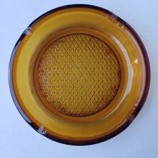 Vintage MCM Amber Glass 4 Cigar Cigarette Table Ashtray 8" Round Waffle Etch 