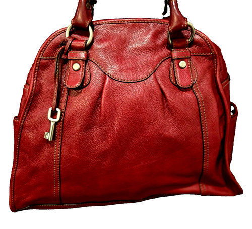 Fossil Dark Red Bag Tote Travel Purse Large Key Pebbled Leather Satchel Classic - Picture 4 of 16