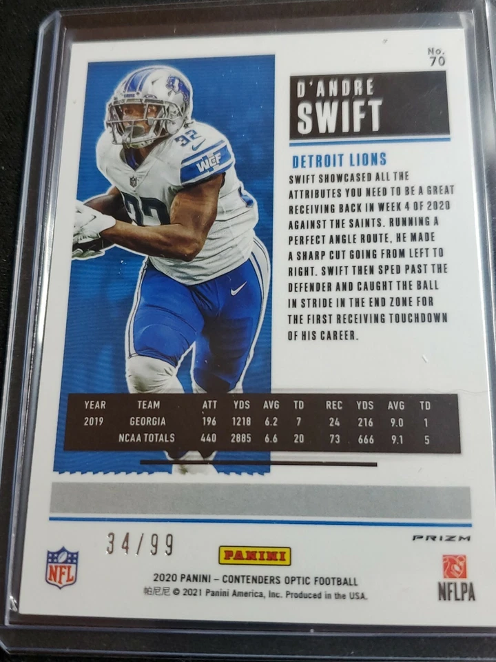 2020 Contenders Optic D'ANDRE SWIFT Blue Prizm Rookie /99 Detroit Lions RC - Image 2 of 2