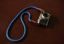 Handmade Blue/Black Speck Rope Camera Strap   Tan Leather Ends  windmup