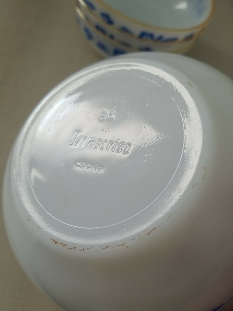 4 vintage Termocrisa Milk Glass Bowls White w Blue Floral