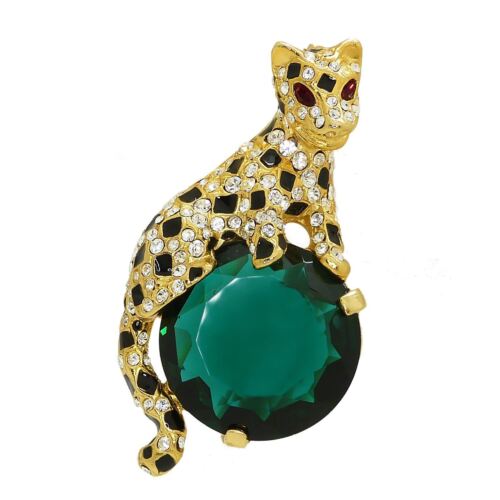 Kenneth Jay Lane KJL Gold-tone Crystal Emerald and Enamel Leopard Pin Brooch - Picture 1 of 7