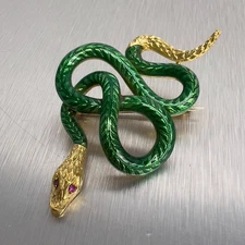 Vintage Furled Snake 18k Yellow Gold Red Eye Green Enamel Brooch Pin 13g ITALY