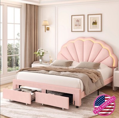 Full Size LED Bed Frame Platform with Drawer, Velvet, Adjustable Headboard, Pink