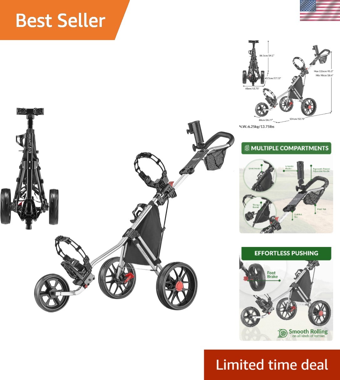 Compact 3-Wheel Golf Cart with Ergonomic Handle & Foot Brake