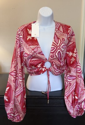 Caroline Constas Blouse | Deep Pink Satin | Long Sleeve SM | Keyhole | New Tags