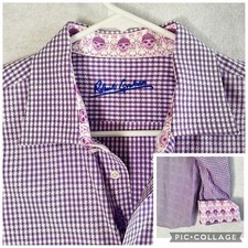 Robert Graham Purple White Gingham Dress Shirt Men s M/L 16 Skull Flip Cuff