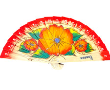 Cancun Folding Hand Fan Wood Red Gold Sparkles Craft Fan