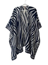 Chicos Ruana Shawl Kimono Poncho Zebra Print Open Front Navy White Size 0S