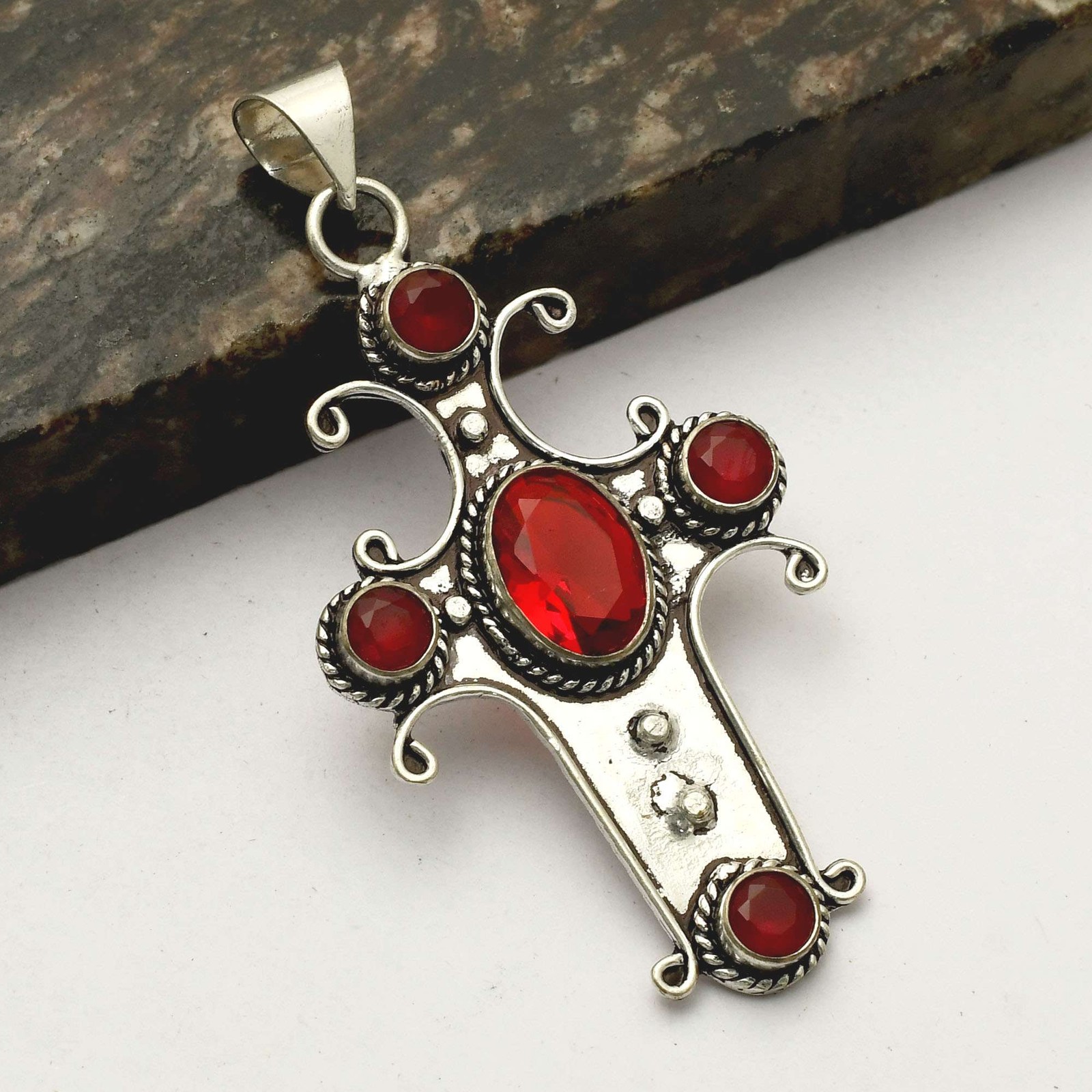 Garnet Simulated Ruby Gemstone Handmade Cross Pendant Necklace 2.48 Inches AP-30959