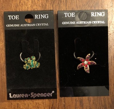 2 Lauren-Spencer Toe Rings Star Fish & Frogs W/Multi Colored Crystals