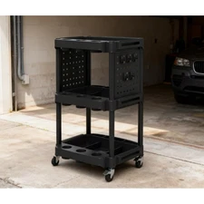 Rolling Tool Cart: 3 Tier Shelves + 10 Hooks + 9 Holes for Workshop Garage