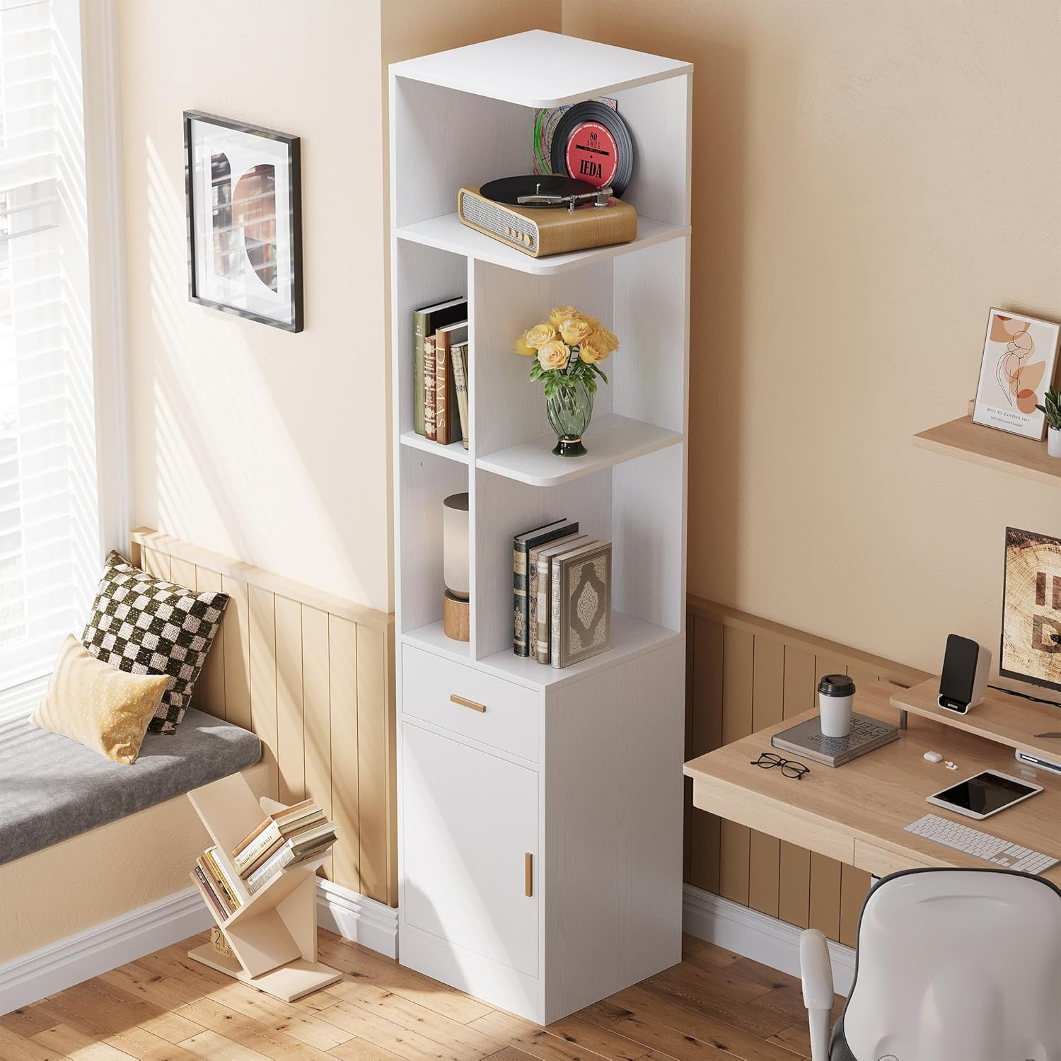Corner Bookshelf，72.8" Tall Corner Shelf with Drawer and Door, Narrow Corner Boo