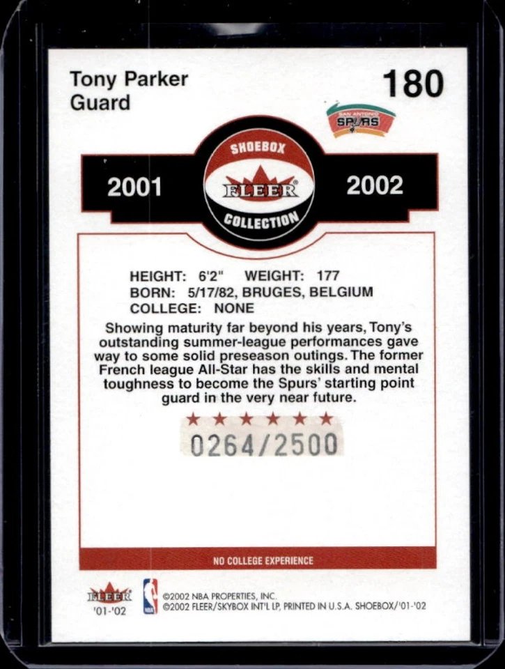 2001-02 Fleer Shoebox Tony Parker Rookie RC #264/2500 Spurs - Image 2 of 2