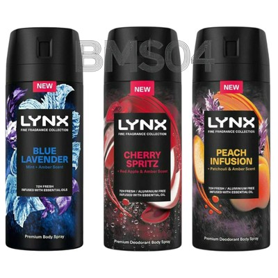 x Lynx Men Deodorant Body Spray Cherry Spritz Blue Lavender Peach 72h  150ml UK