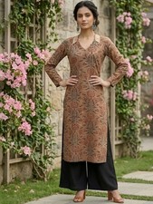 Indian Women BEAUTIFUL Brown Cotton Ethnic Motifs Printed Kurta Kurti Top Tunic