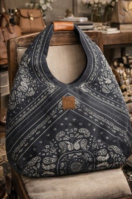 STS Leather Hobo Bag Gray Bandana Print Boho Western Shoulder Bag Large