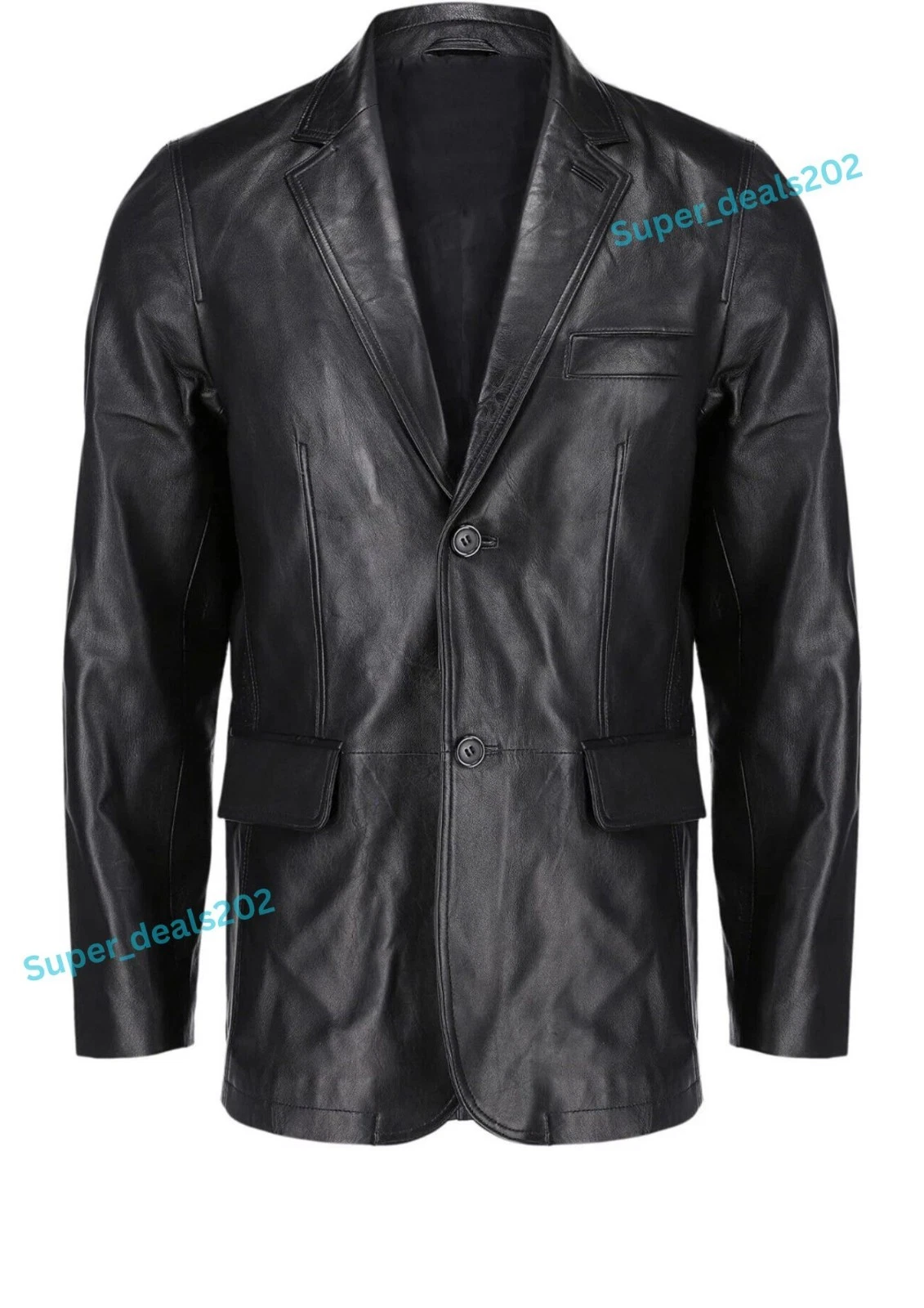 Mens Black Leather Blazer Jacket Two Button Classic Casual Formal Fit Coat Wear