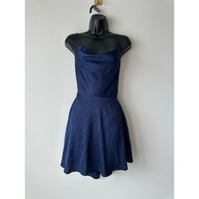 Navy Blue Satin Jacquard Open Back Lace Up Mini Dress Cowl Neck Dress