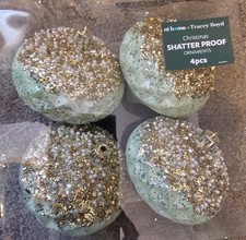 Shatterproof Set Of 4 Glittery Retro Style Green/Gold Christmas Tree Ornaments