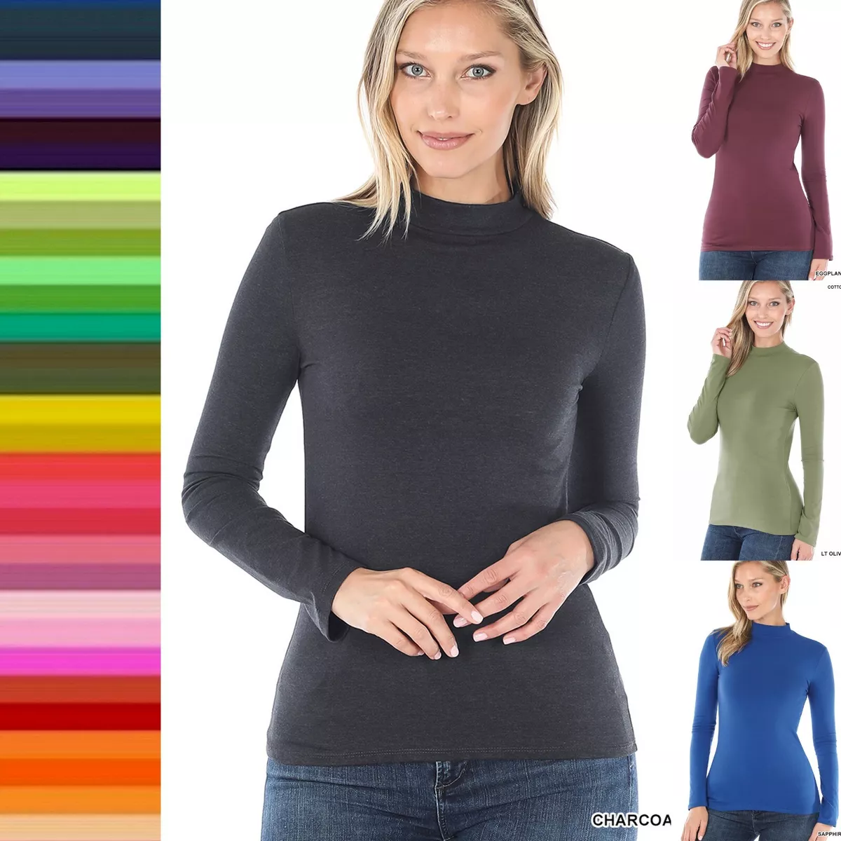 Women's Mock Neck Soft Cotton Long Sleeve Top Soft Stretch T Shirt Fitted  Tee