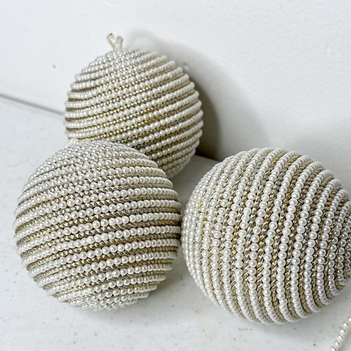 Vtg Set Of 3 Faux Pearl Decoration Ornament Christmas White Pearl & Gold Beaded - Picture 6 of 8