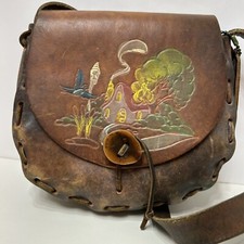 Vintage 1970 s Tooled Leather Painted House Bird Shoulder Bag Boho Hippie EUC