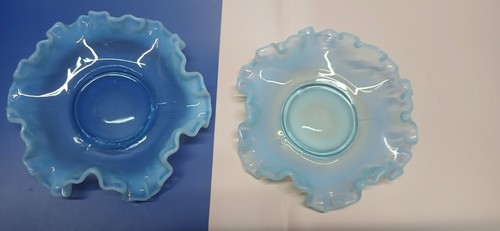 Vintage Fenton Paar aquablau opaleszierend gerüschtes Glas Geschirr/Aschenbecher Sammlerstück - Bild 2 von 10
