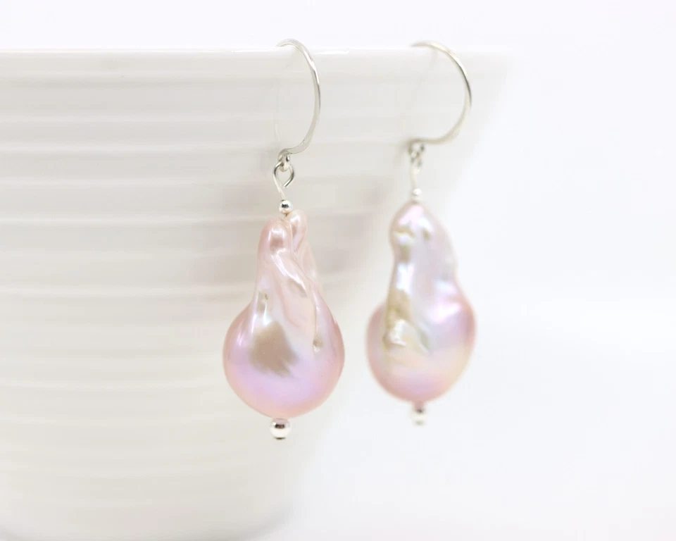 Огромный розовый барокко жемчуг серьги с чистого серебра французский крюк уха проволоки - Изображение 2 из 4