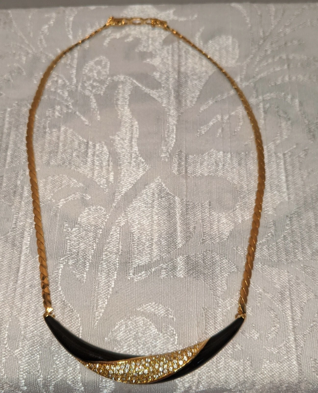 Christian Dior Pave Rhinestone Black Enamel Crescent Necklace G Plate Choker