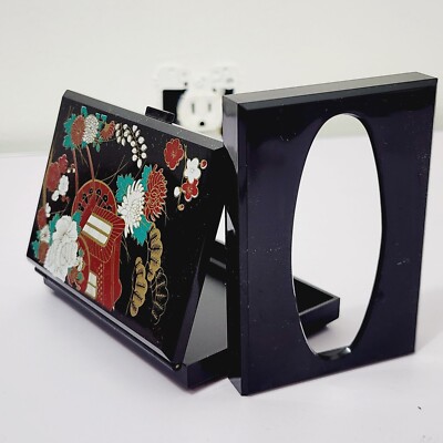 Vintage Asian Mirror & Tissue Holder Black Lacquered Cosmetic Purse Size Kleenex