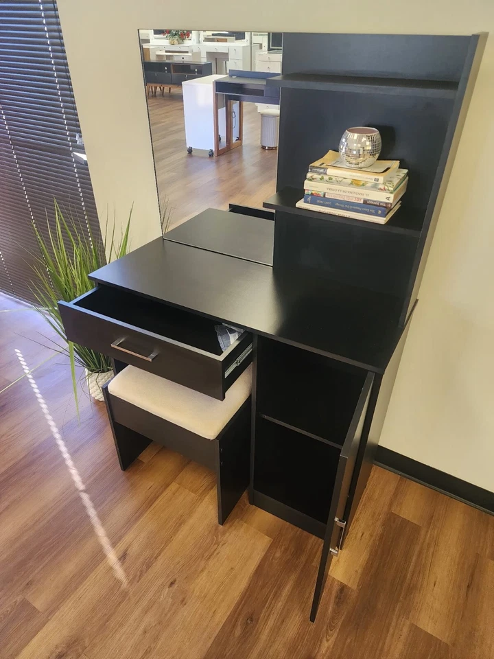 Escritorio tocador negro con espejo, taburete y almacenamiento - Mesa de maquillaje para dormitorio Foto 2 de 4