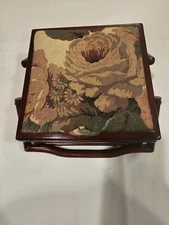 Wooden/rattan sewing basket, tapestry lid, swing handle