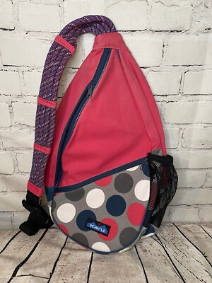 KAVU Rope Sling Bag Pink/Gray Polka Dot Crossbody Shoulder Hiking Backpack 