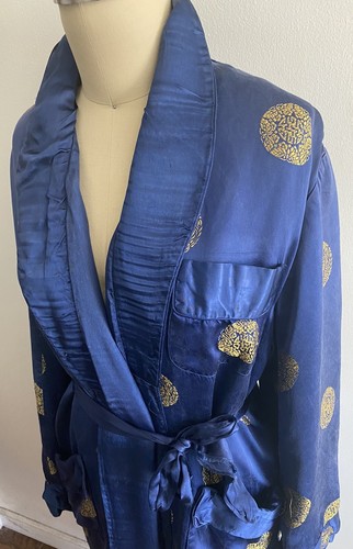 Vintage Oriental Robe Kimono Embroidered Circles Navy With Gold Size 48 Quilted - Picture 2 of 9