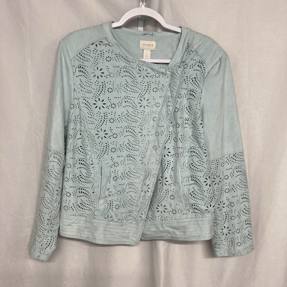 CHICO'S blue cutout diagonal zip micro suede jacket 2/M | eBay