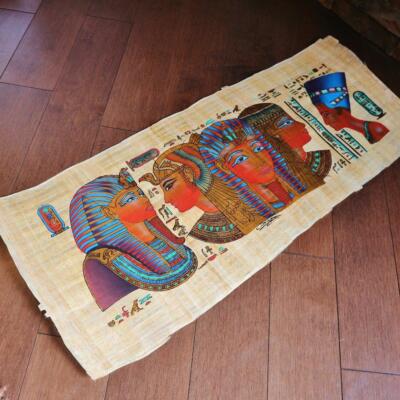 Huge Handmade Papyrus Egyptian Kings Masks Museum Art Painting...32''x12'' Inches