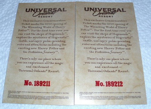 2010 Commemorative Ticket Wizarding World of Harry Potter Universal Studio (2ea) - Picture 3 of 3