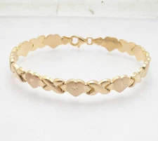 7.25" Hearts & Kisses XOXO Bracelet 10K Yellow Gold Plated Real Sterling Silver 