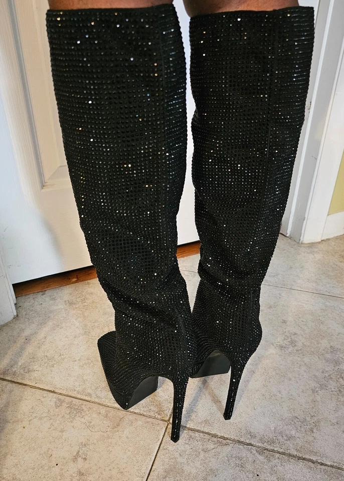 Sun Gurg Women's Thigh High Rhinestone Platform Stiletto Boots – Size 9, Black - Image 2 of 4